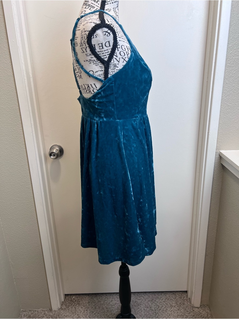 Teal Crushed Velvet Skater Dress Fairycore Whimsigoth Small Wedding guest dress - Picture 4 of 8